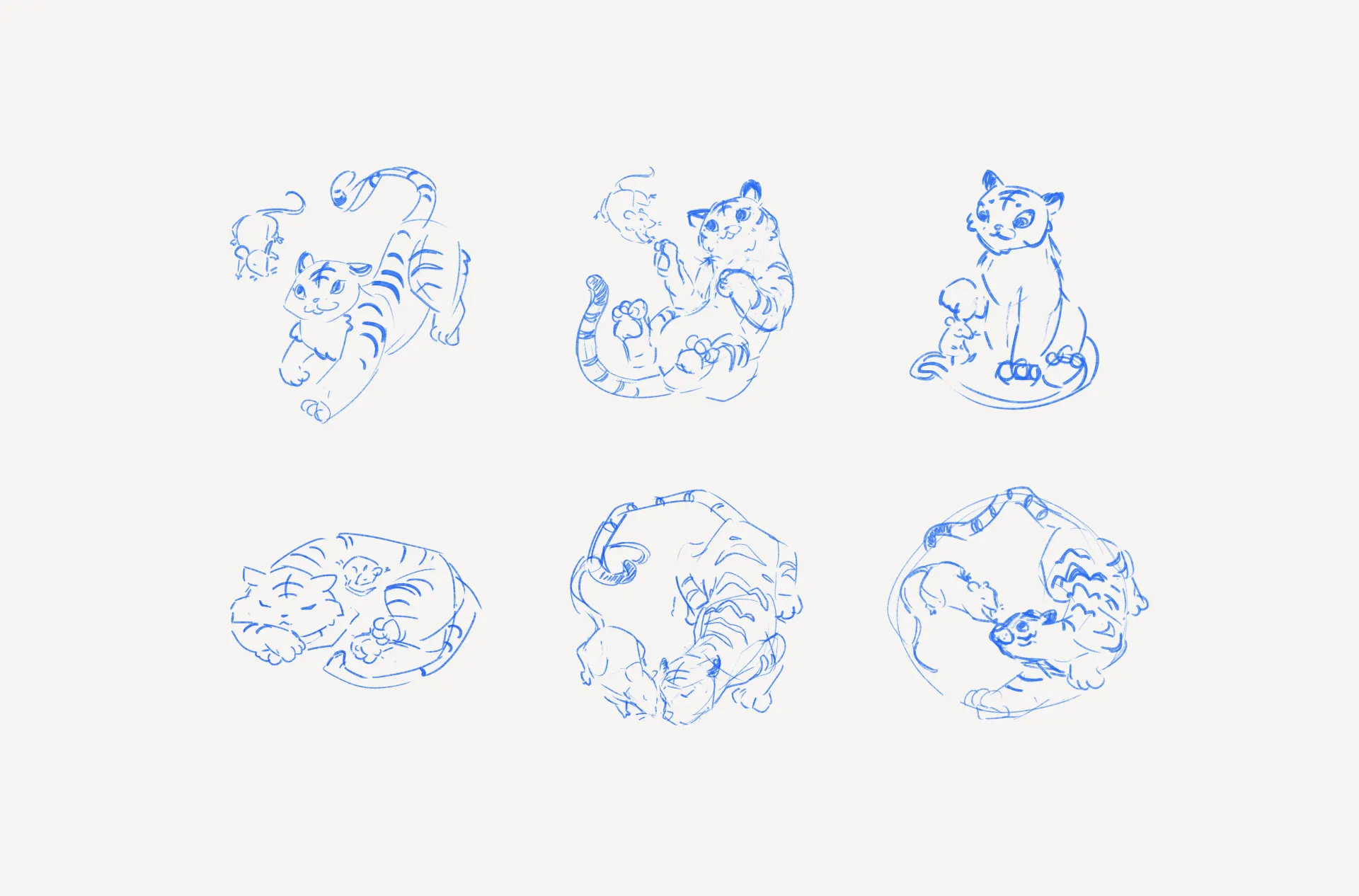 Blue ideation sketches for rat and tiger illustration