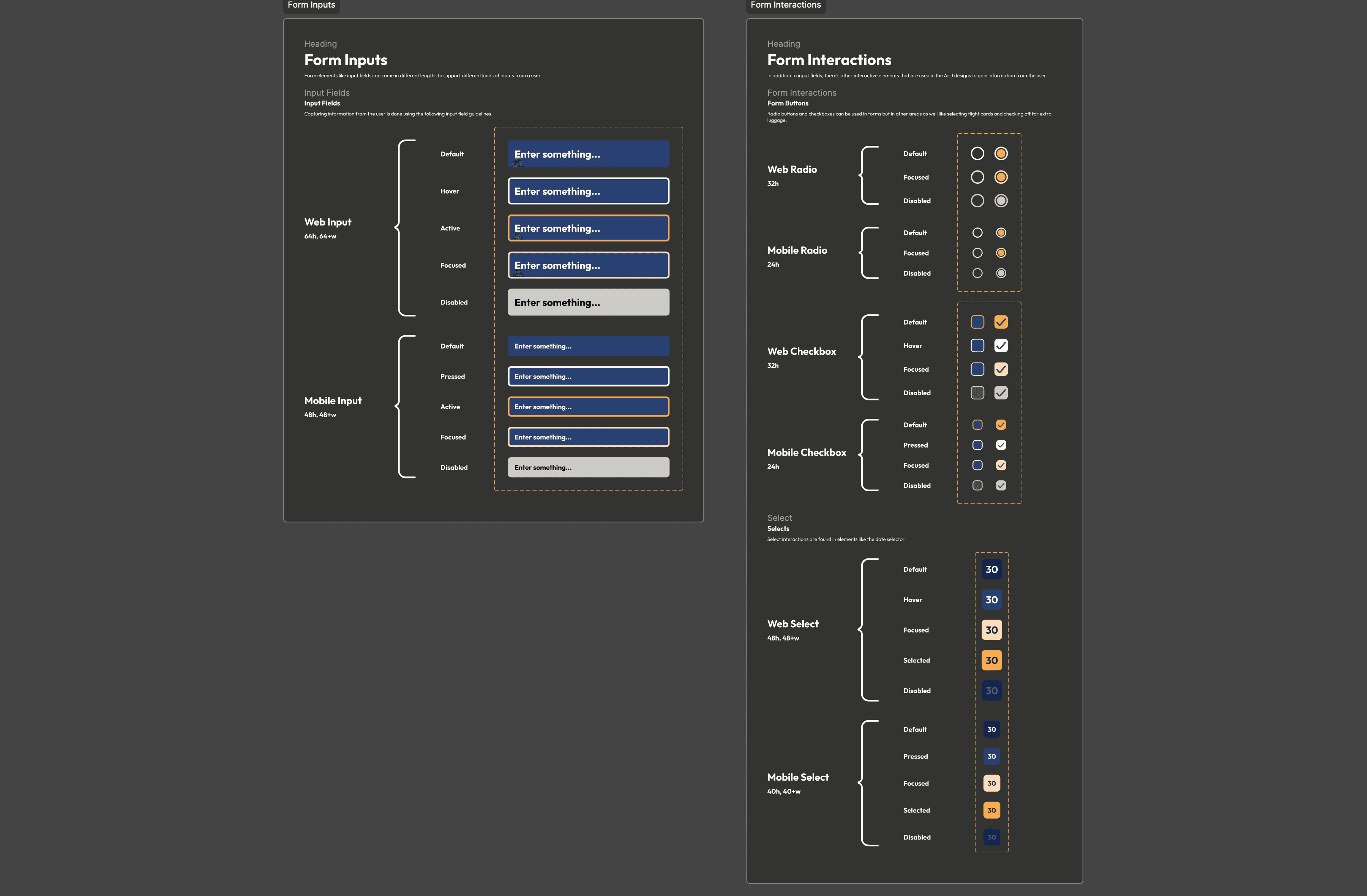 Design system page for form inputs and interactions.