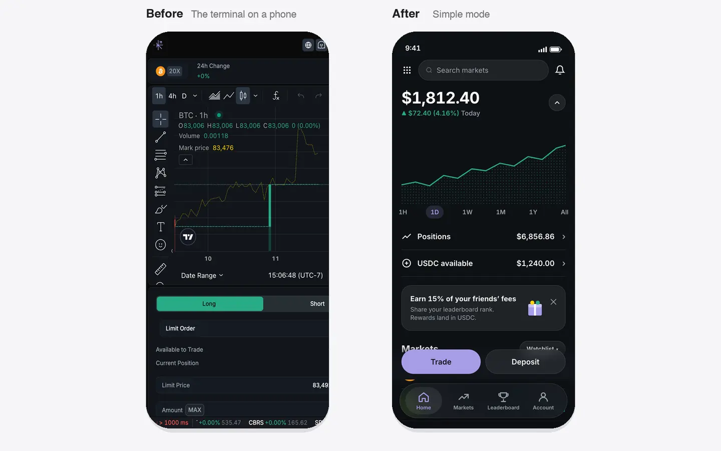 Before and after: the Margin Trade terminal squeezed onto a phone next to simple mode stepping through home, markets, a BTC market, the order sheet, preview, confirmation, leaderboard and account