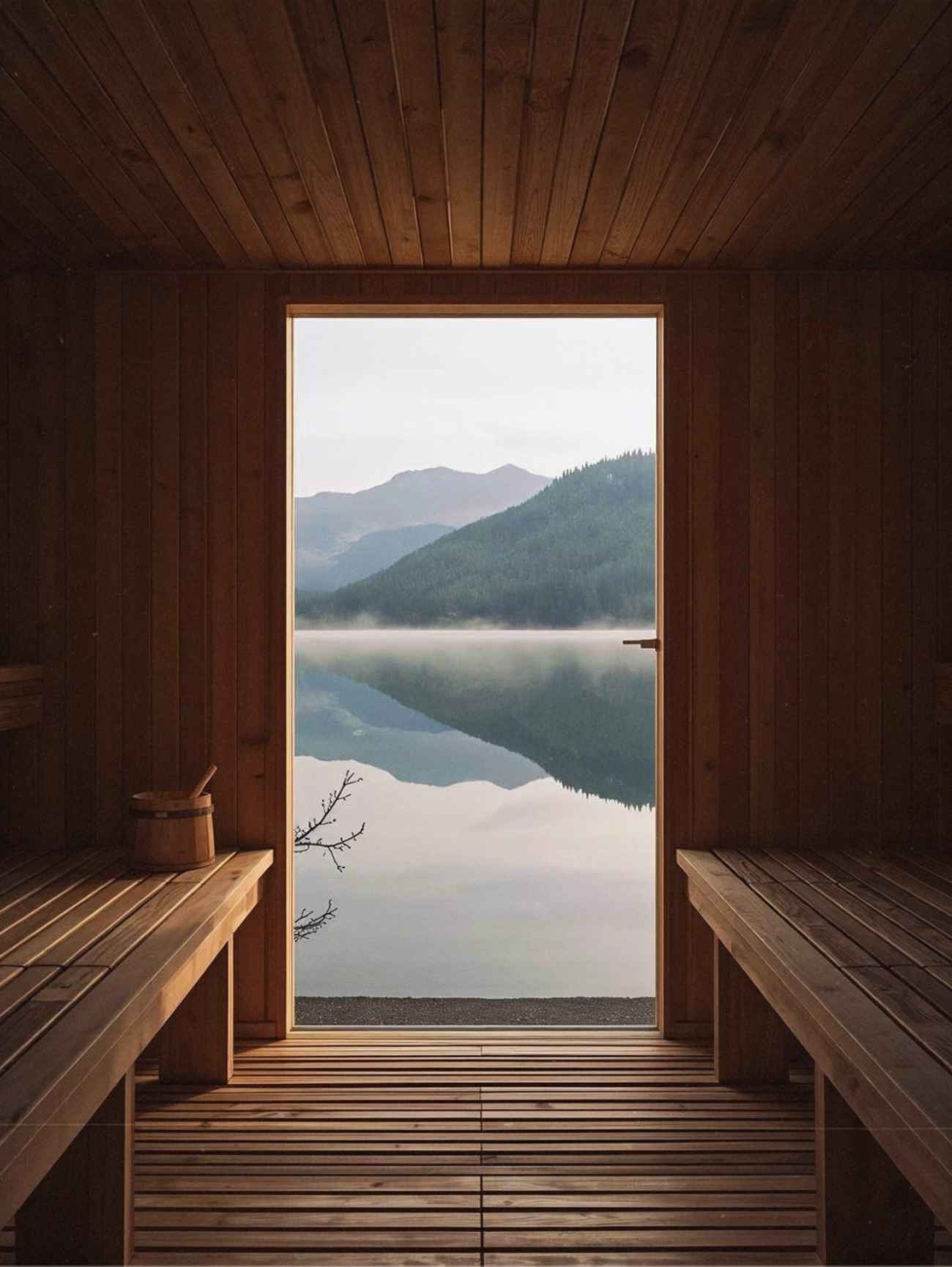 Wooden sauna interior framing a serene lake and mountain view, representing mindful health and wellness content created by Casa Clara Studios.