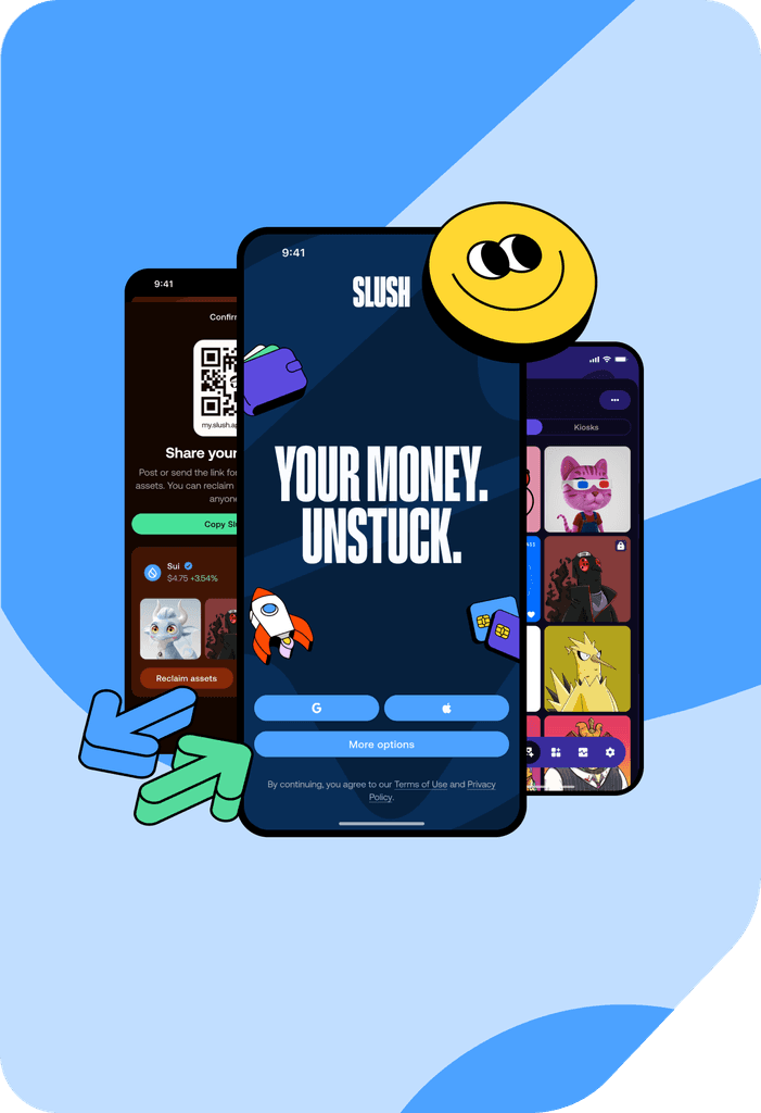 Mobile cryptocurrency wallet interface showing 'Assets in Stash' screen with NFT artwork thumbnails, transaction history, and QR code scanner against a purple and green solid color background. Stashed wallet.