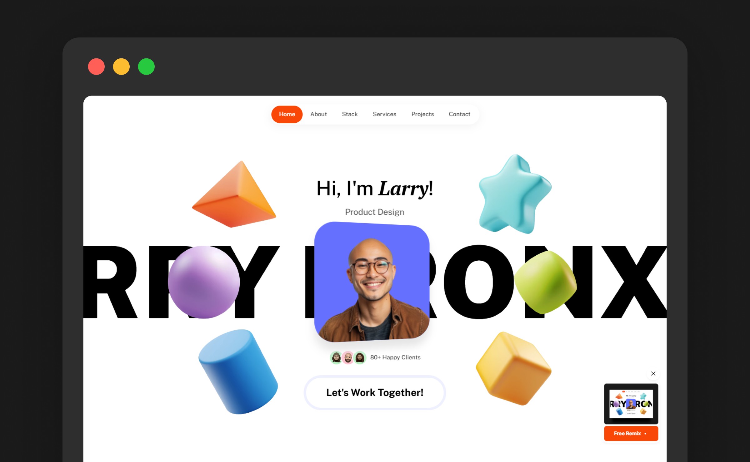 Cohesion free Framer portfolio template — playful light product design homepage with colorful 3D shapes and '80+ Happy Clients' social proof