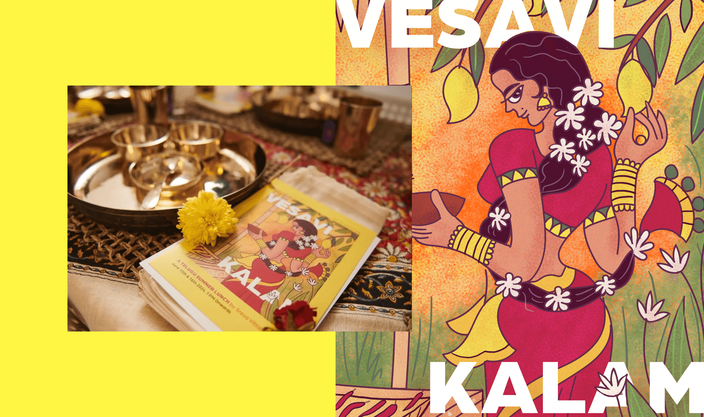 Menu design for a summer Telugu lunch pop-up, inspired by the art of renowned Telugu artist Bapu.