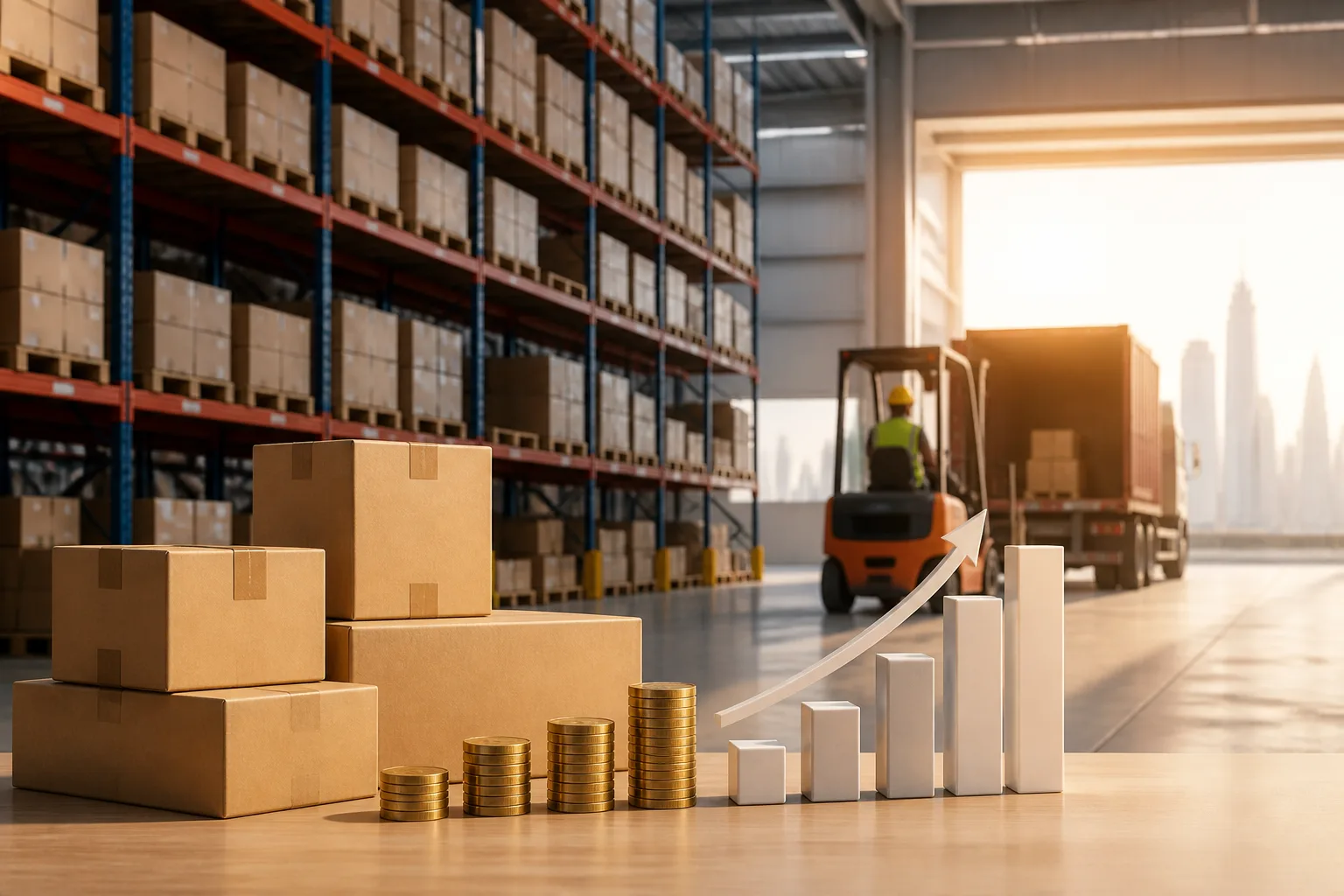 Warehousing Business in Dubai beside a warehouse with cargo pallets and a shipping container