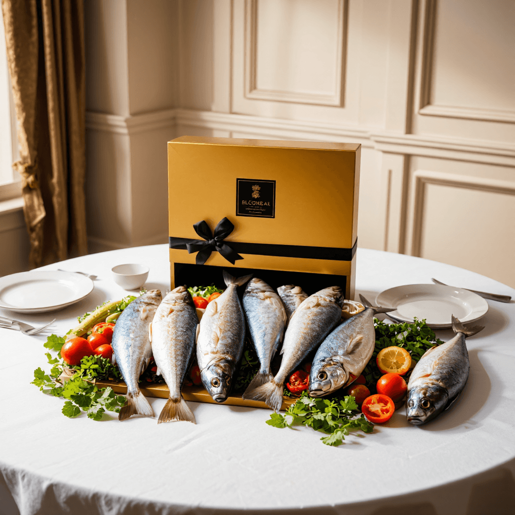 product photography of packaged fish product with decorative wrapping