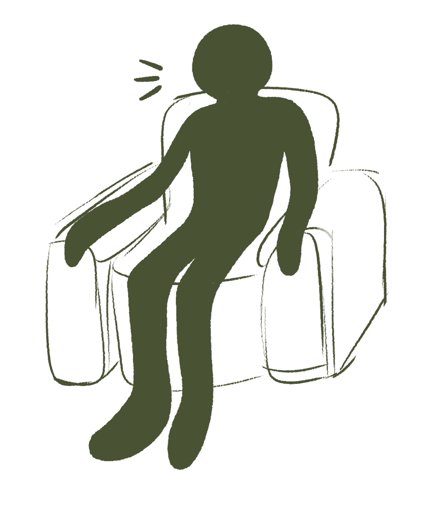 Illustration of a person sitting in a chair, speaking.