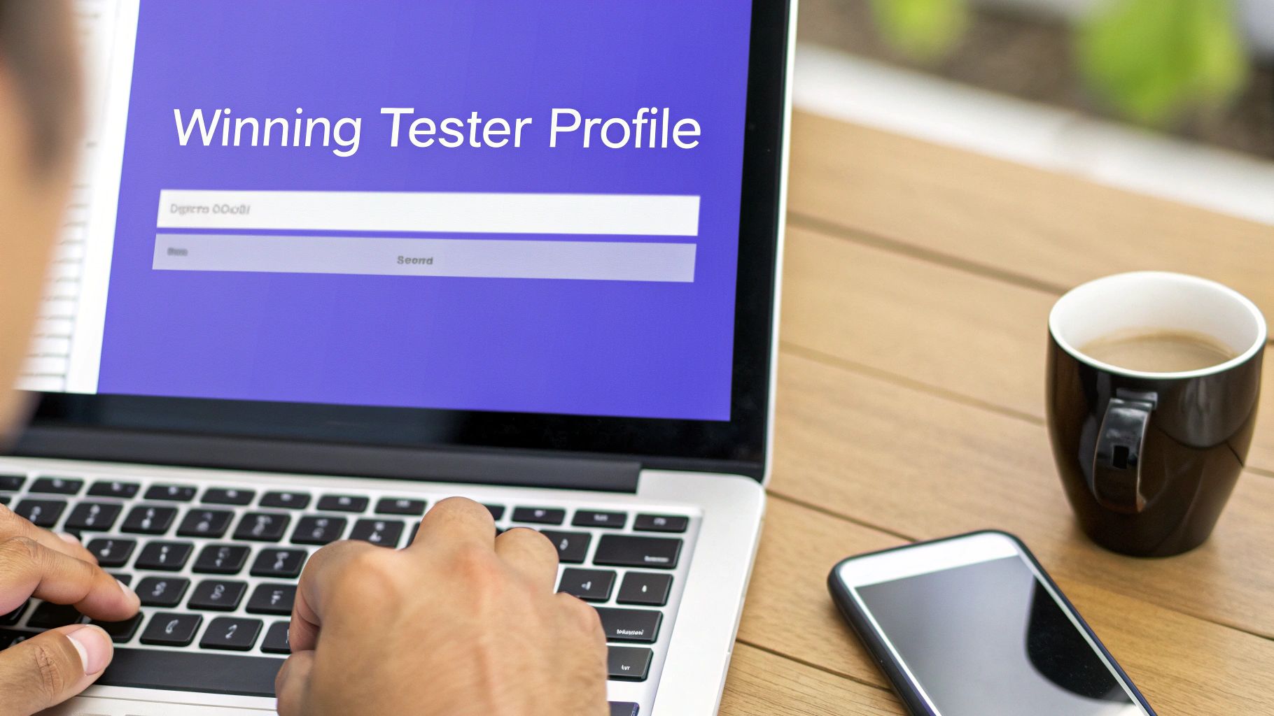 A person typing on a laptop displaying 'Winning Tester Profile' with a coffee mug and smartphone.