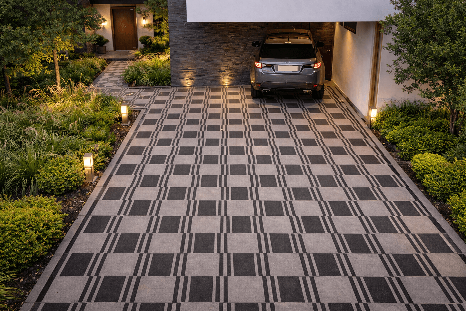 Barcode stone paving installed in modern residential driveway with linear striped pattern design
