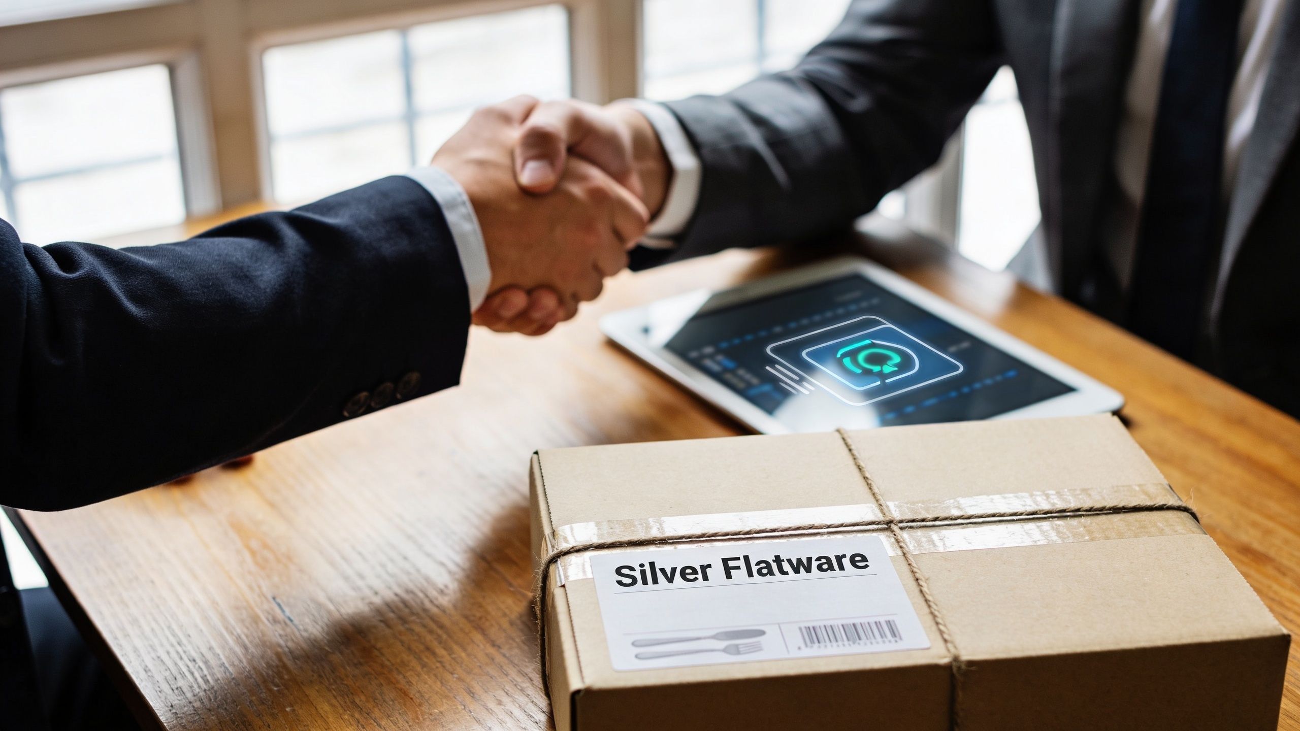 Two business professionals shaking hands over a package labeled Silver Flatware on a wooden desk.