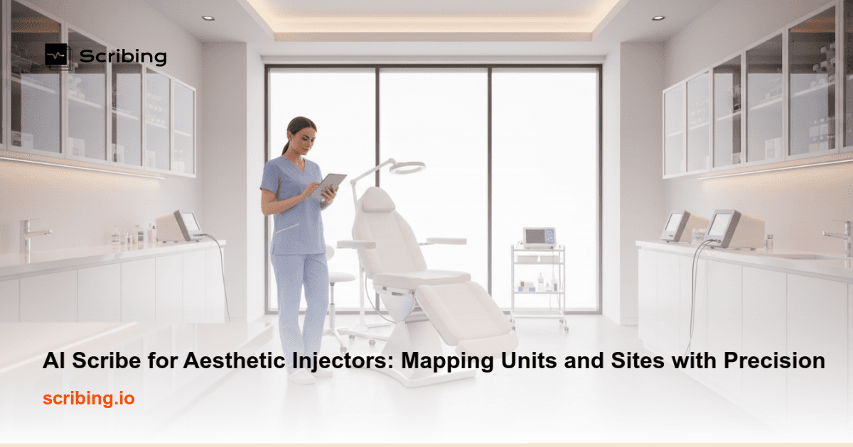 Illustration representing AI scribe technology mapping injection units to facial treatment sites for aesthetic nurse practitioners