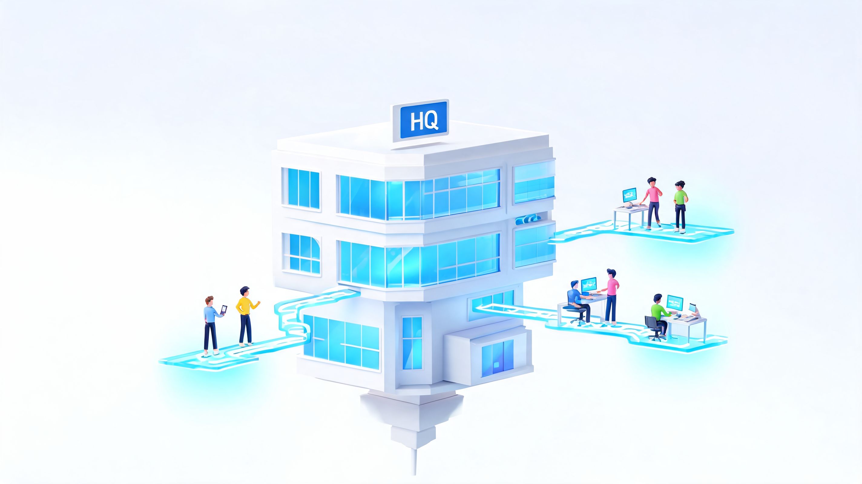 A 3D isometric illustration of a corporate headquarters building connected to employees working on their digital devices.