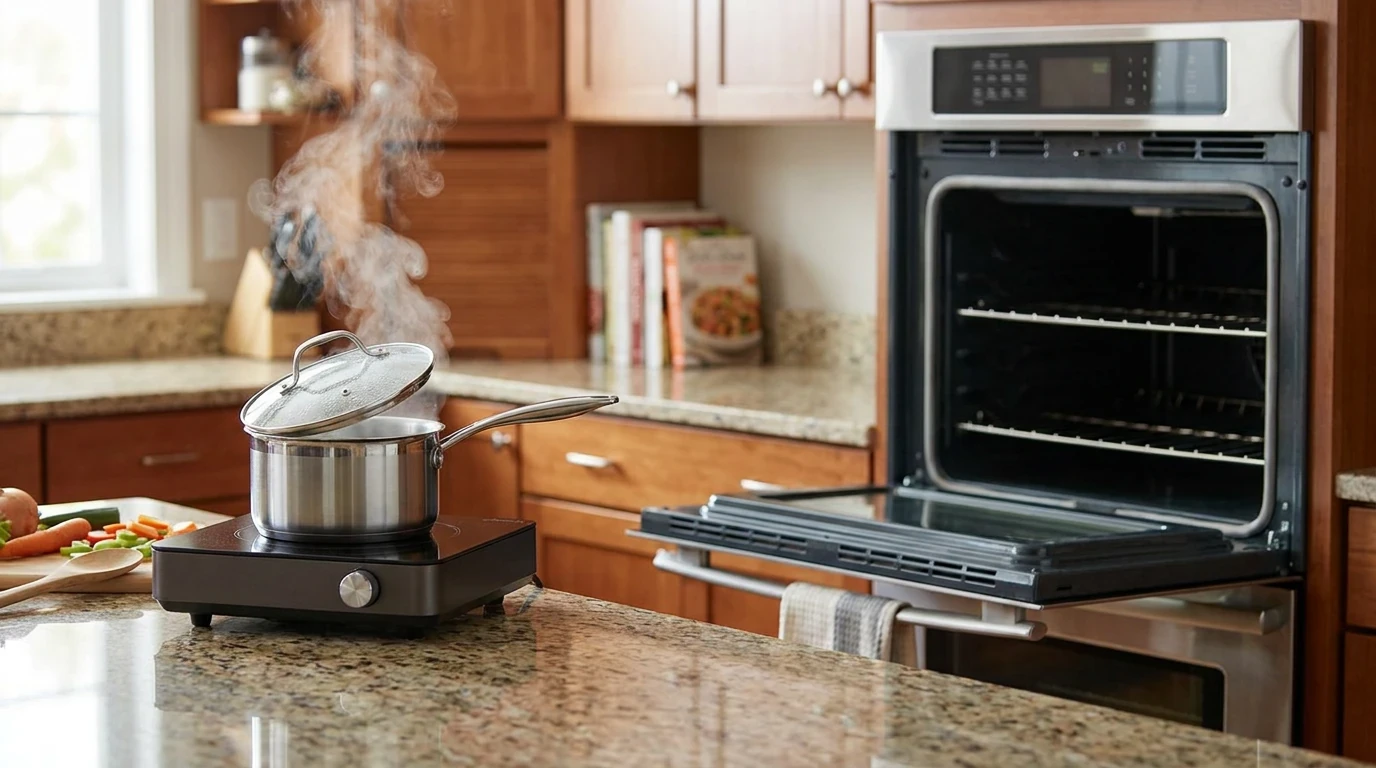 Compact induction burner with a lidded cooking pot beside an open full-size oven in a home kitchen.