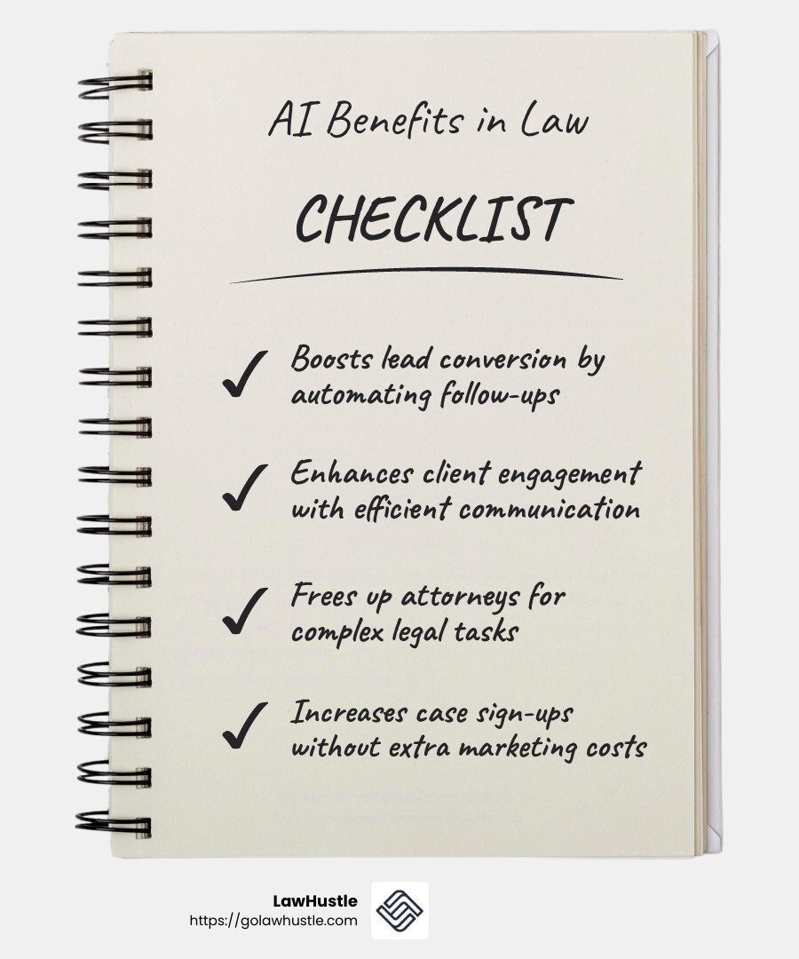LawHustle's AI technology ensures effective lead conversion without additional marketing costs. - AI chatbot for lawyers infographic checklist-notebook