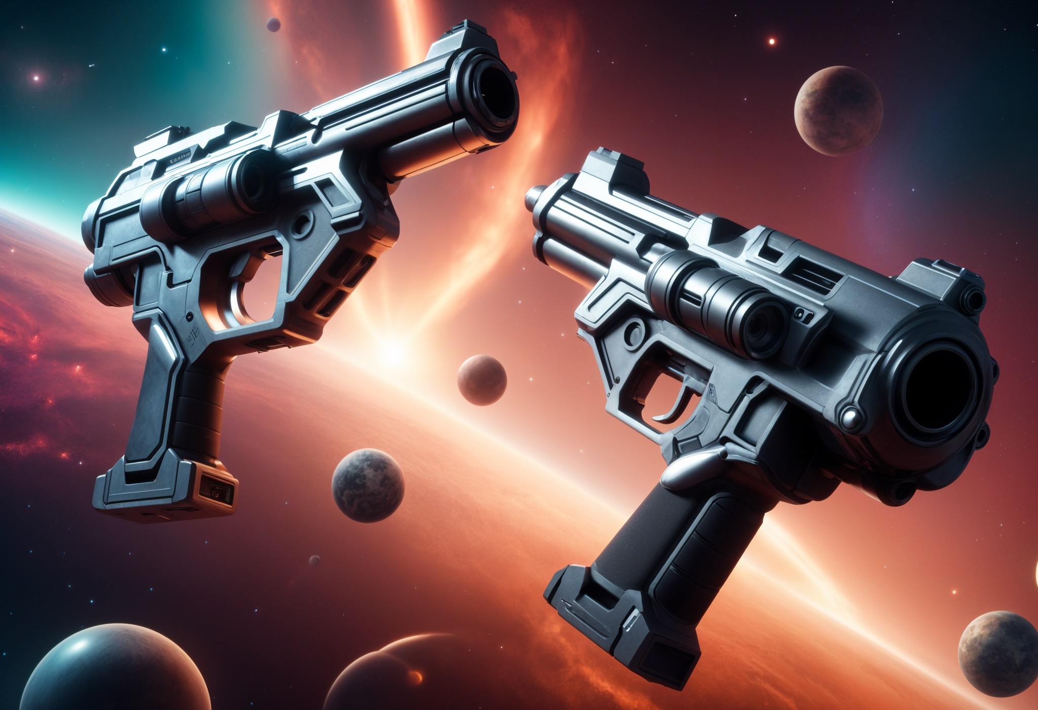 Two sci-fi blasters displayed, against a galaxy and planets backdrop