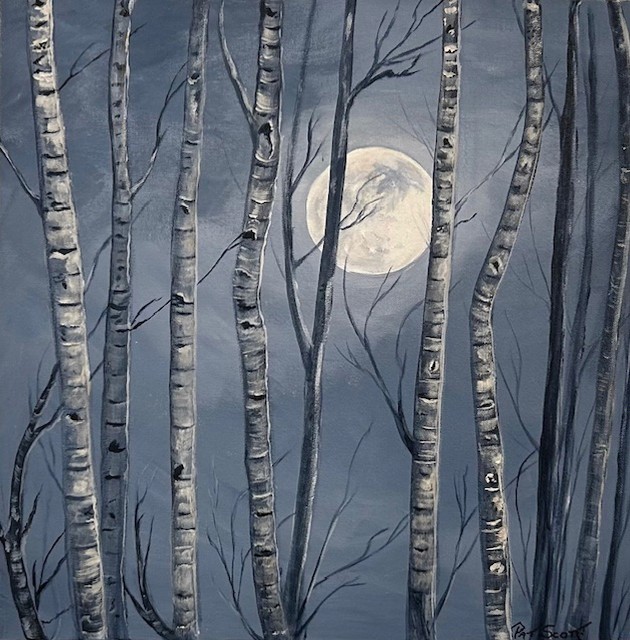 A full moon casts a silvery blue light in the night sky, illuminating the birch trees in the foreground.