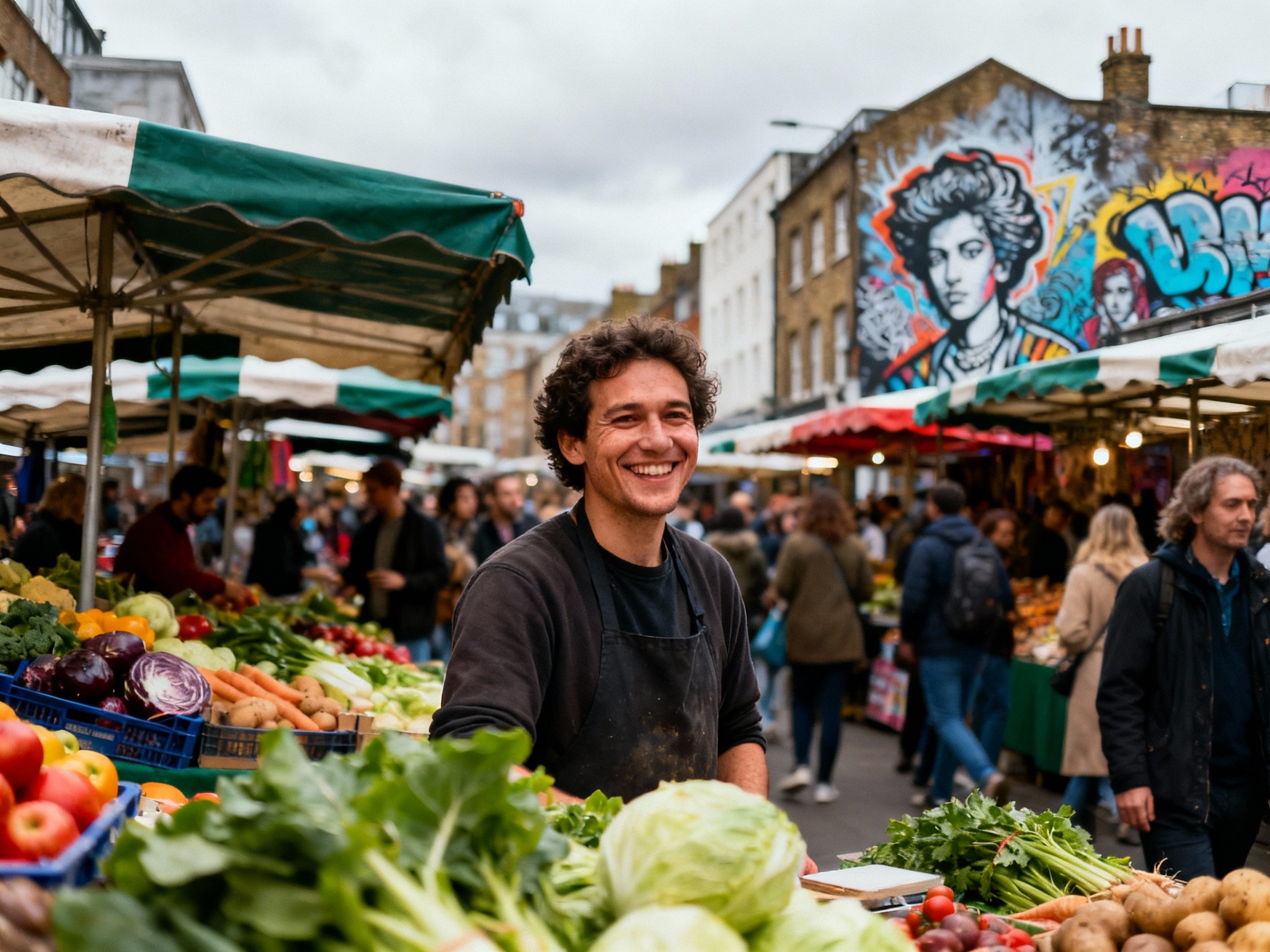 A bustling London street market scene at midday under overcast skies, composed in a format from an