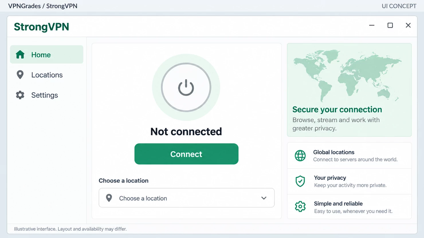 StrongVPN: a desktop connection interface (illustration).