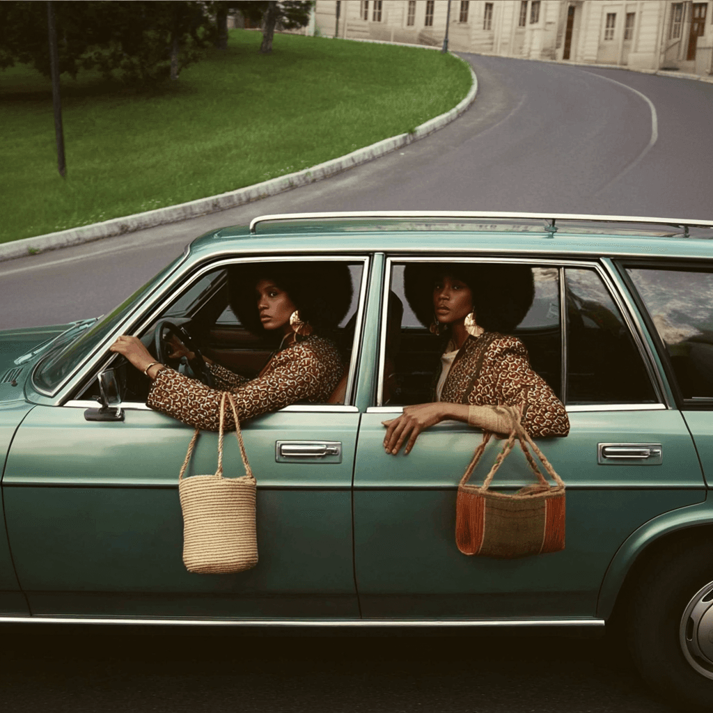 Two stylish women in a vintage teal car.
