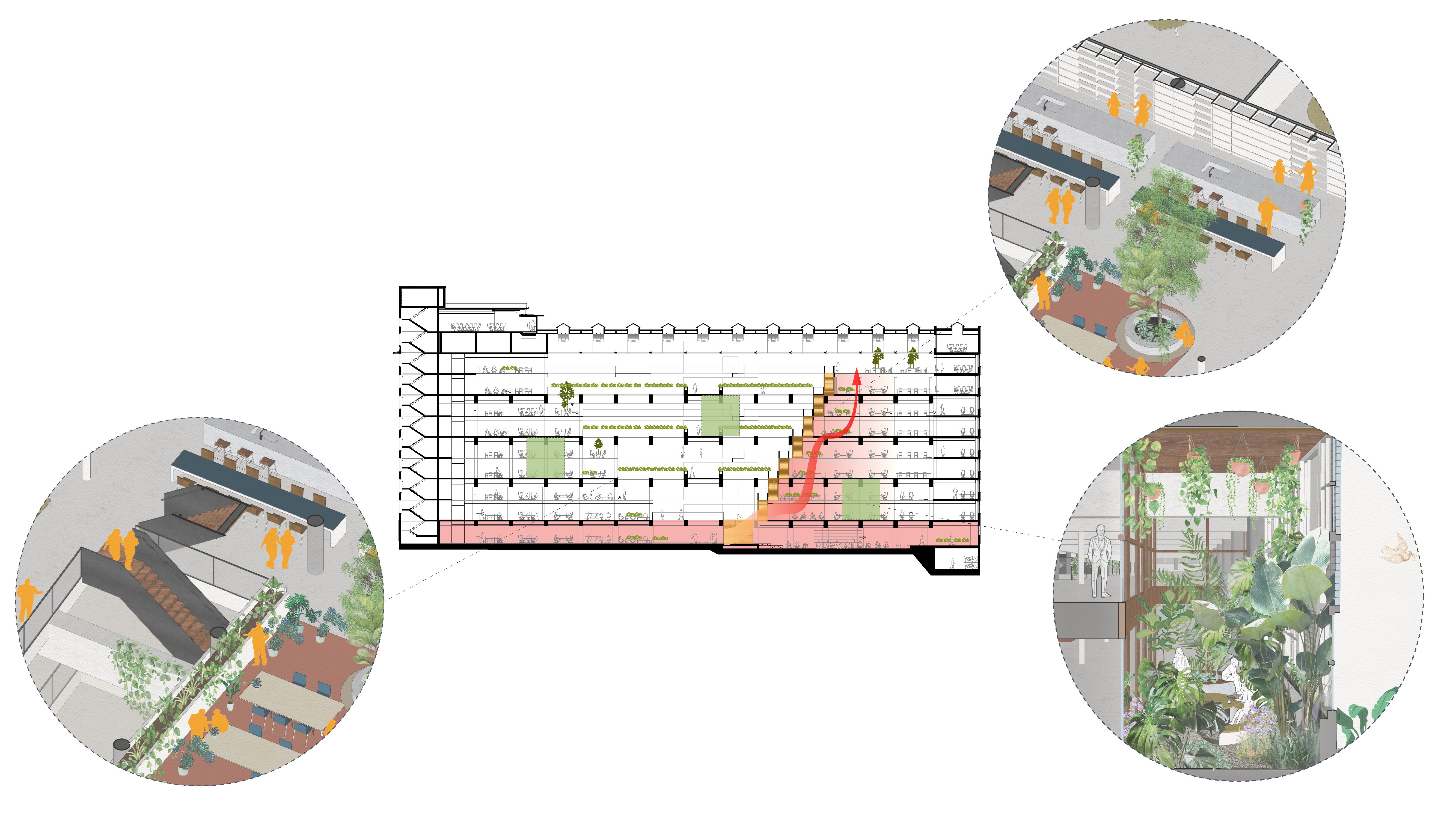 Diagram with locations of the informal meeting spaces dispersed over the different floors inside the stationspostgebouw