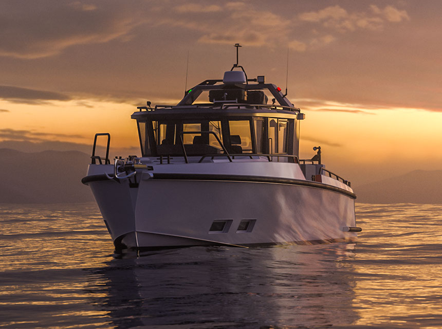 A boat Coastal Explorer floats in the calm morning sea