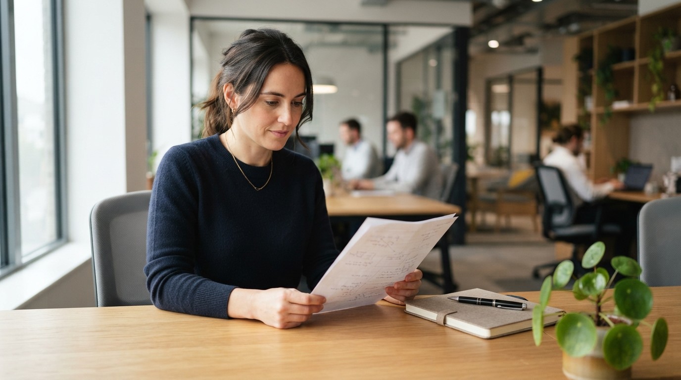 Professional reviewing a business document in an open office setting