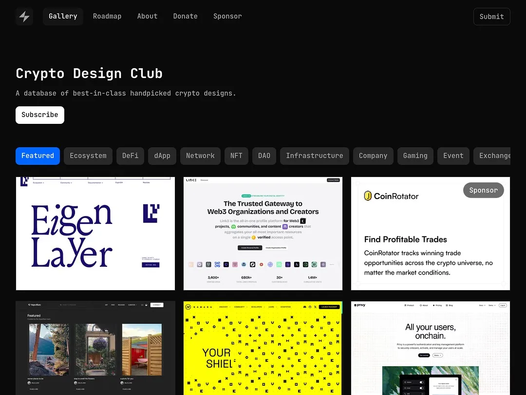 Crypto Design Club website showcasing curated crypto design projects.