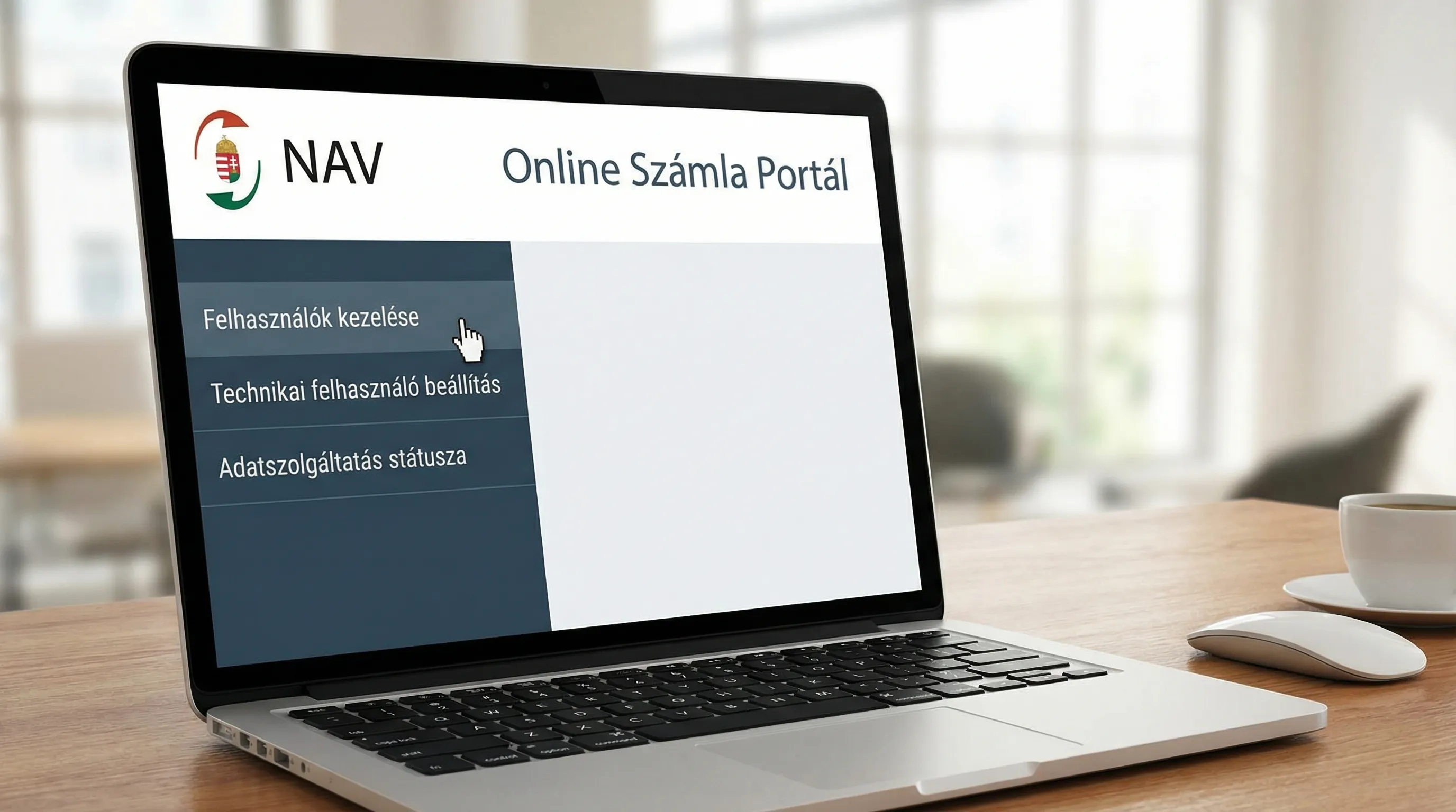 A NAV Online Számla portál sematikus képernyőképe, ahol a menüben látszik a felhasználók kezelése, technikai felhasználó beállítás és az adatszolgáltatás státuszának ellenőrzése.