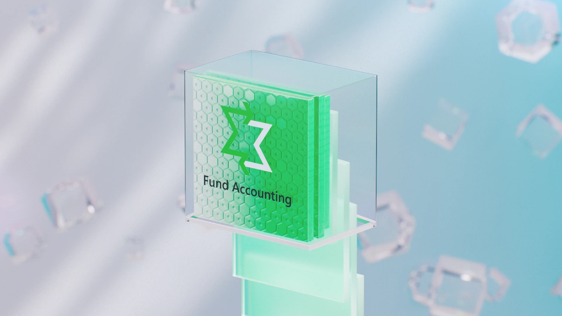 Explainer video visual of a fund accounting module inside a translucent 3D cube, symbolizing structure and clarity in financial SaaS products.