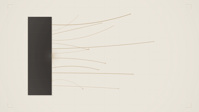 Abstract architectural illustration on a dark warm olive background of a dense geometric monolith sending thin persistent amber filament lines outward into space, evoking the compression of a live event into permanent video content, with deep olive-black structural forms and a single vermillion accent flash.