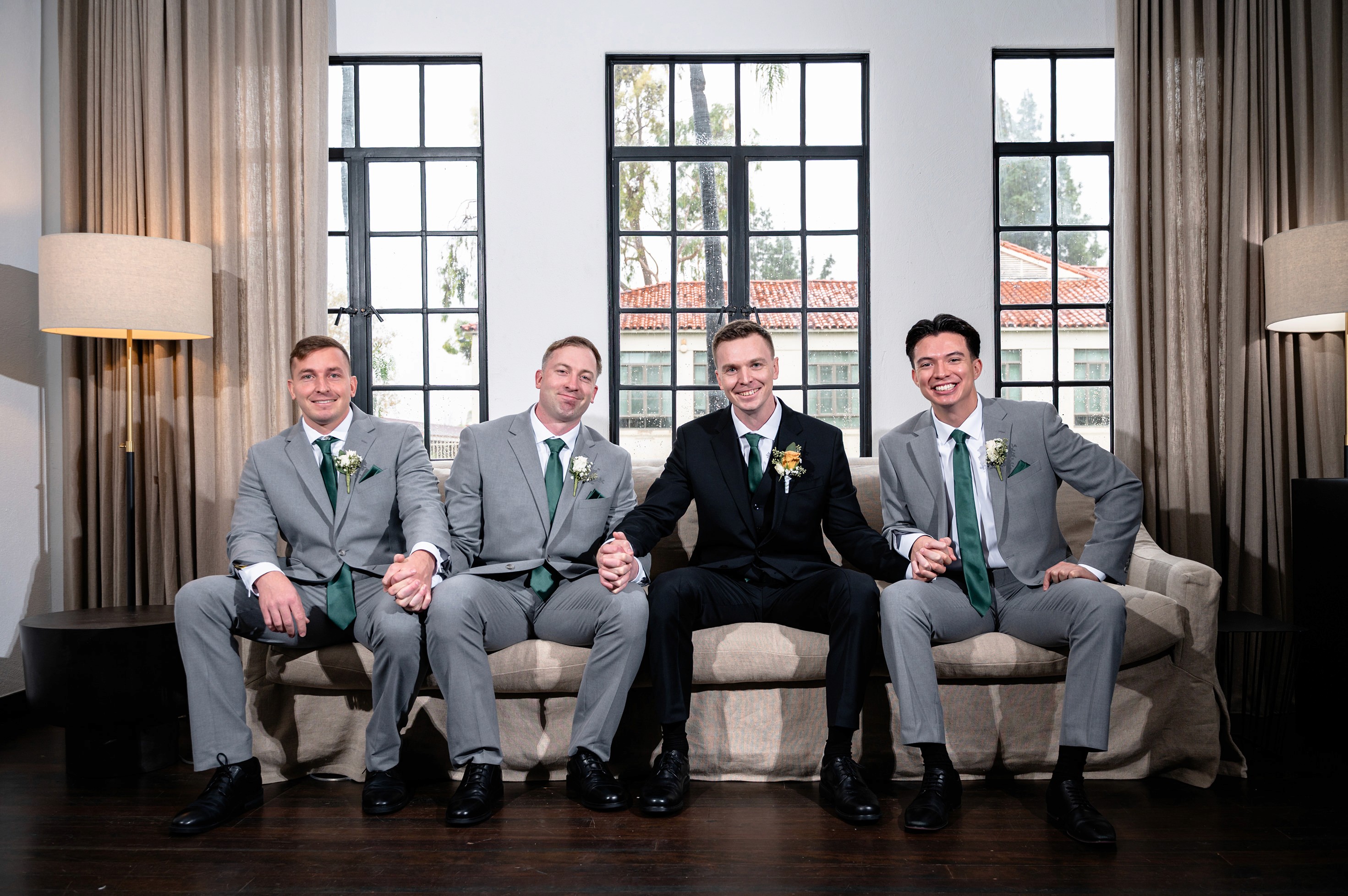 Flat lay wedding details with bouquet, rings, and sparkling bridal heels