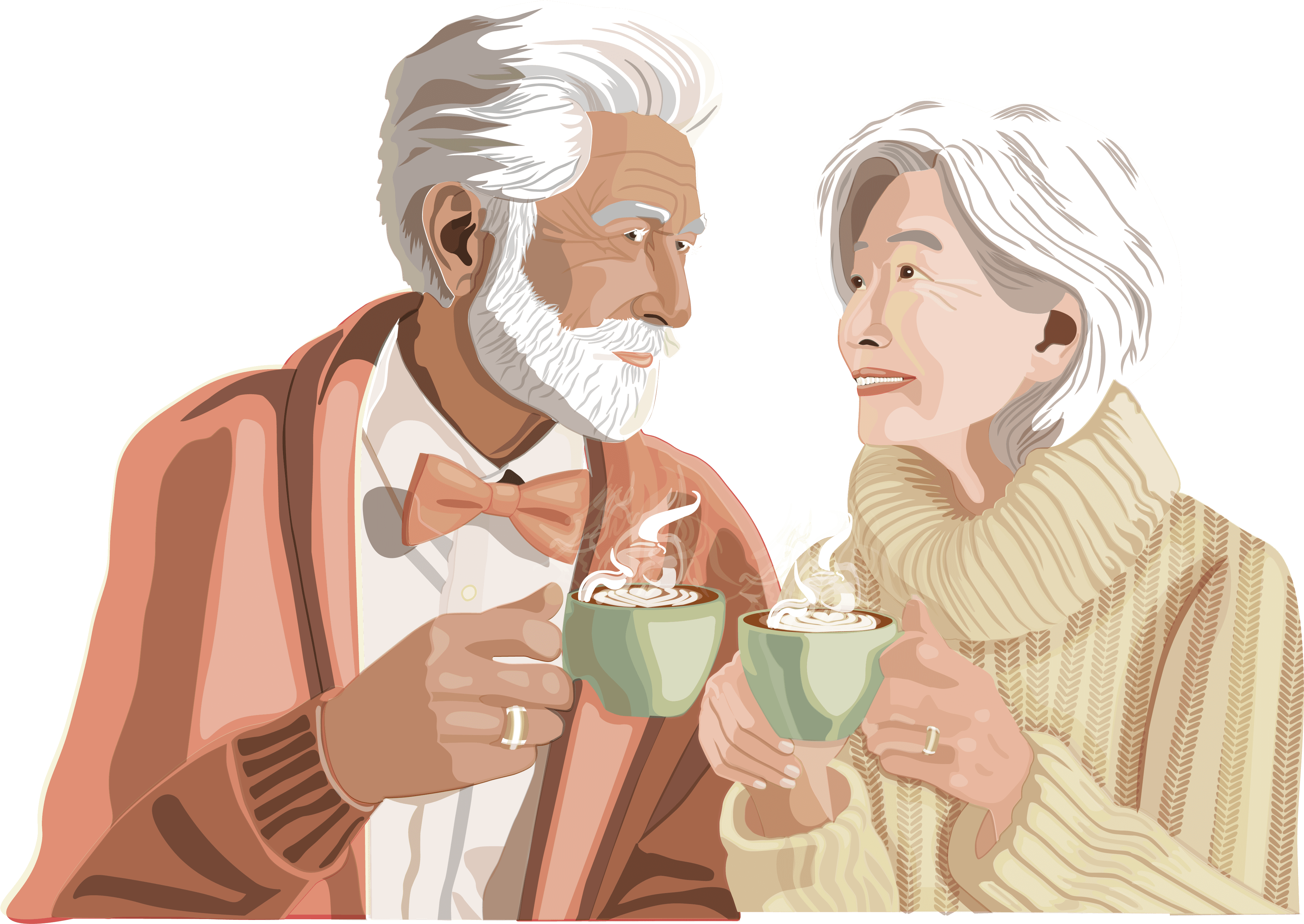 Eine stilisierte digitale Illustration zeigt ein älteres Paar mit weißen Haaren, das sich liebevoll ansieht und dampfenden Cappuccino in grünen Tassen hält. Der Mann trägt einen eleganten Anzug mit Fliege und eine rostrote Strickjacke, die Frau einen dicken beigen Rollkragenpullover. Beide tragen goldene Ringe.