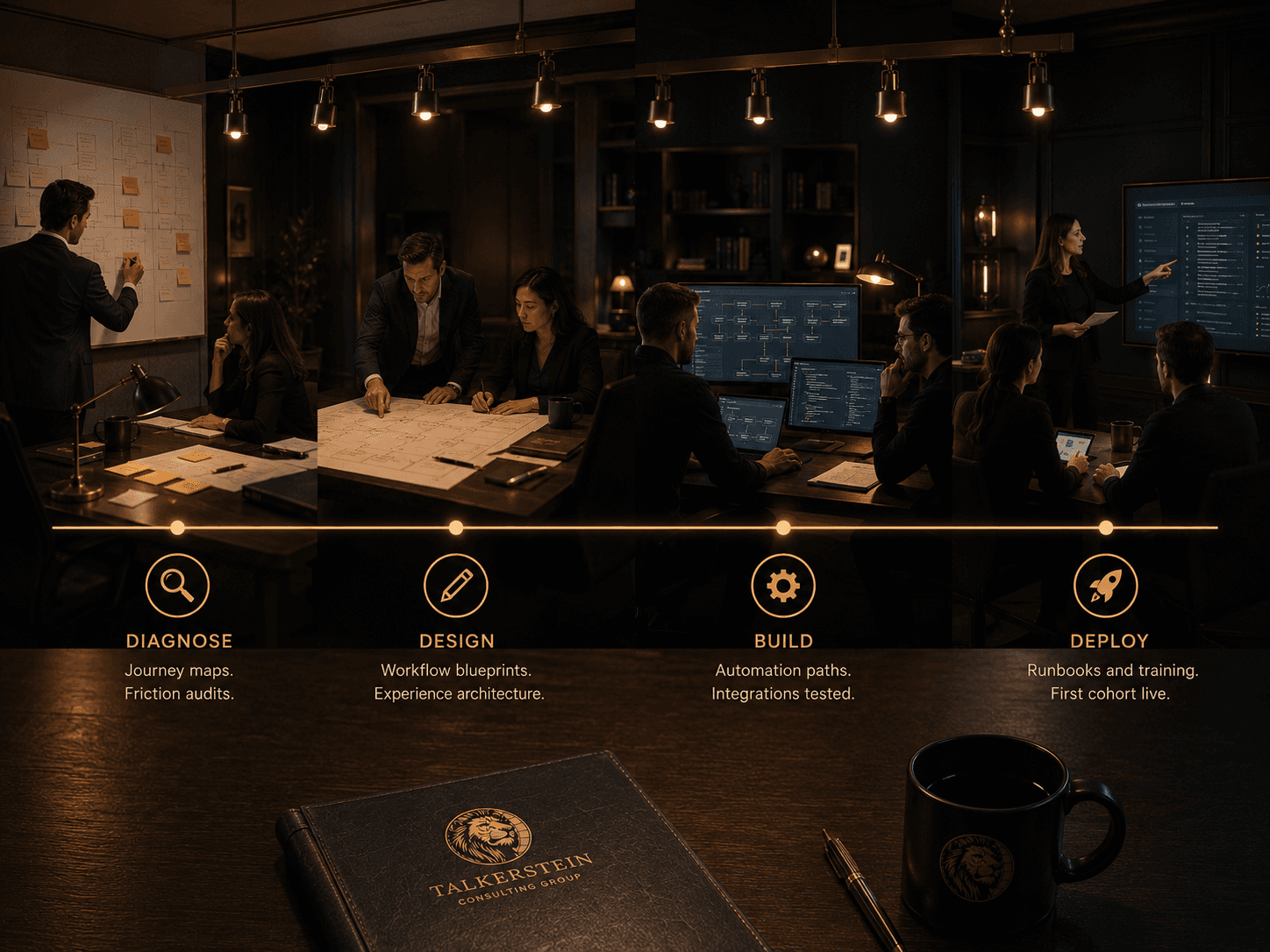 Client onboarding workshop progressing through diagnose, design, build, and deploy phases, illustrating the development of a structured onboarding automation system.
