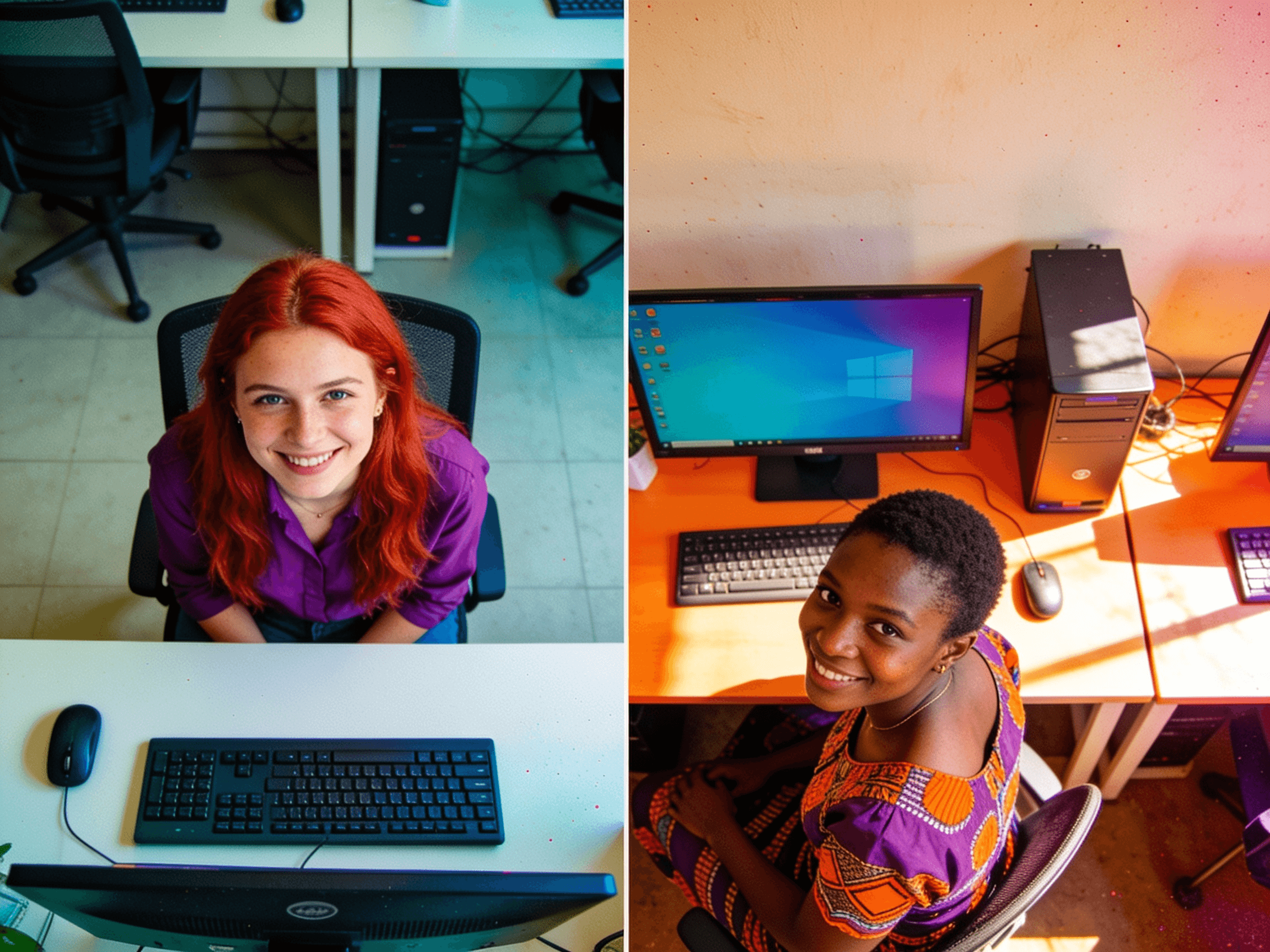 Two developers at their workstations — one in a European office, one in an African office — both smiling at the camera, representing the two sides of the Camsol team.