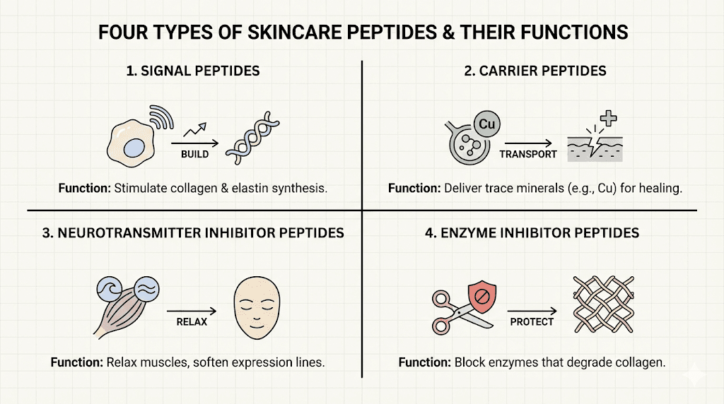 Types of skincare peptides signal carrier neurotransmitter enzyme-inhibitor
