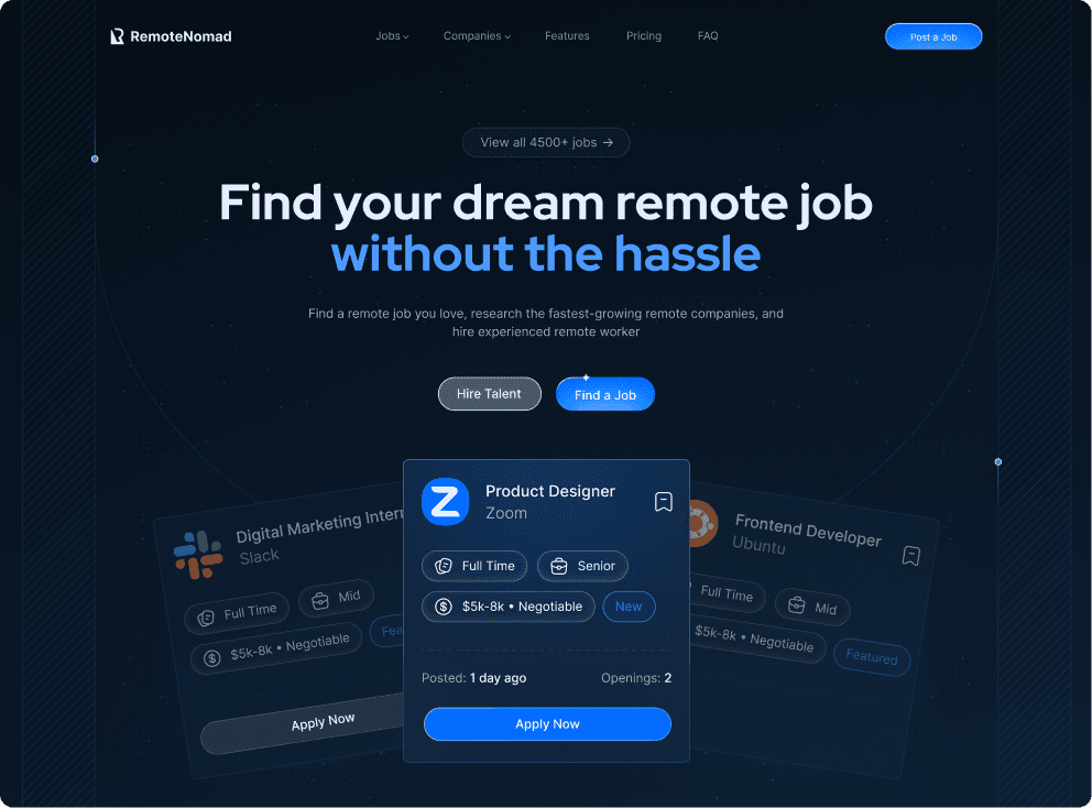 Homepage of a job search website promoting remote job opportunities with a user-friendly interface.