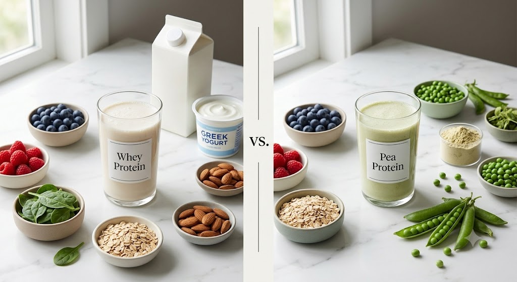 whey protein shake in glass on side, and the other have pea protein shake in glass. A soft light are coming from the left side window. Both shake are surrounded by different types of ingredients.