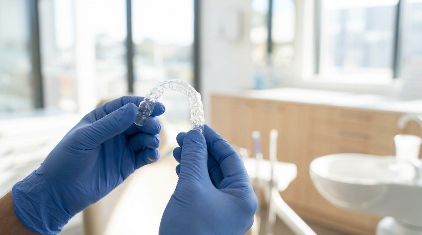 A dentist holds a custom-fitted clear whitening tray inside a bright modern dental office.