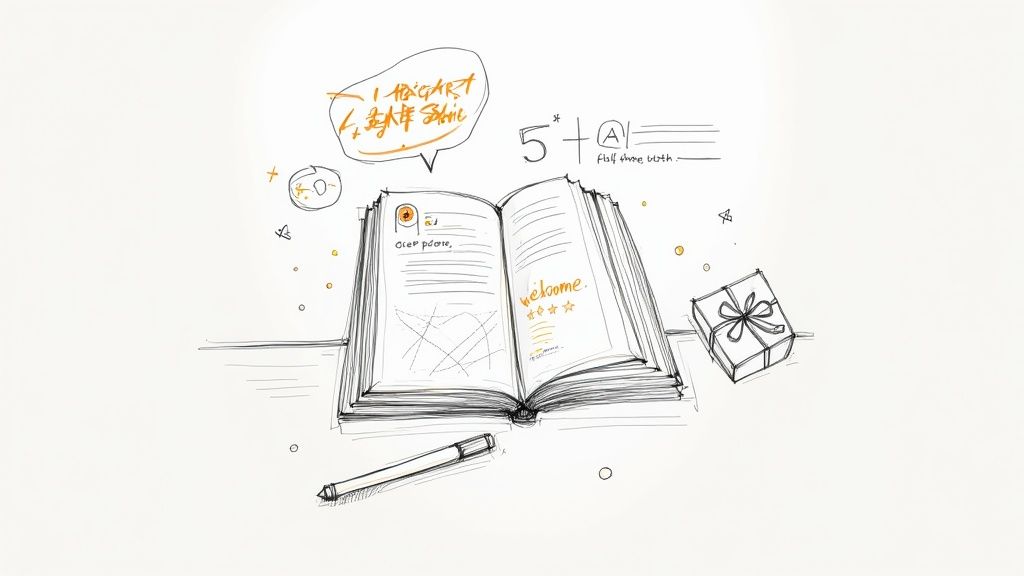 Open guest book with welcome message, review rating, and gift box for vacation rental hospitality