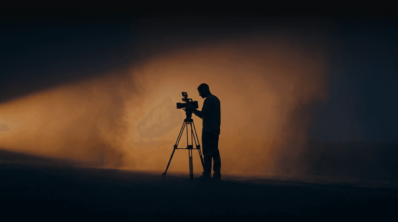 Silhouette of a filmmaker with a camera on a tripod in a dimly lit alley, bathed in orange light and mist, creating a moody, cinematic atmosphere.