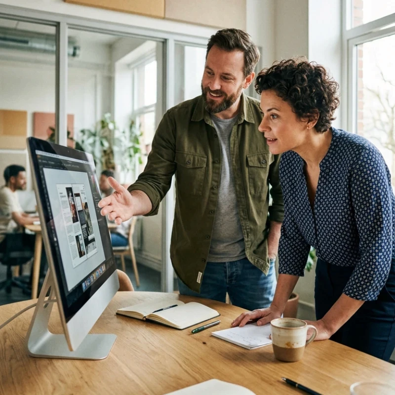Équipe de managers et collaborateurs en agence à Paris, échangeant autour d'un plan d'action structuré et de documents de synthèse dans un espace de travail collaboratif, illustrant notre expertise en Stratégie de comm 360° pour faire du sens un levier de performance.