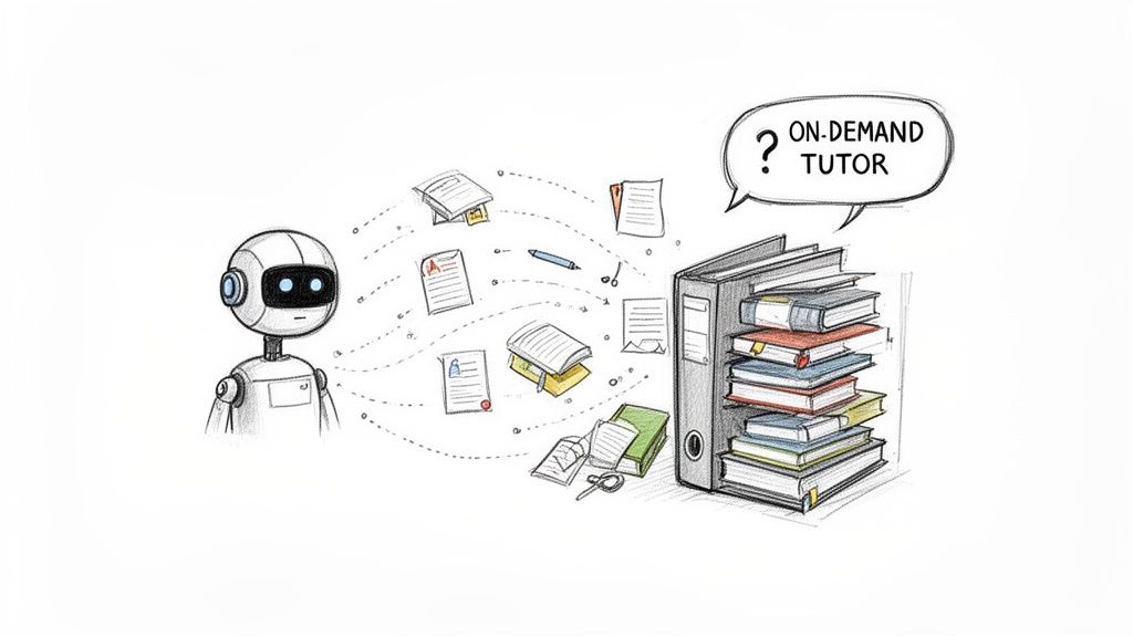 A robot processes educational documents and books, conceptualizing an 'on-demand tutor' role.