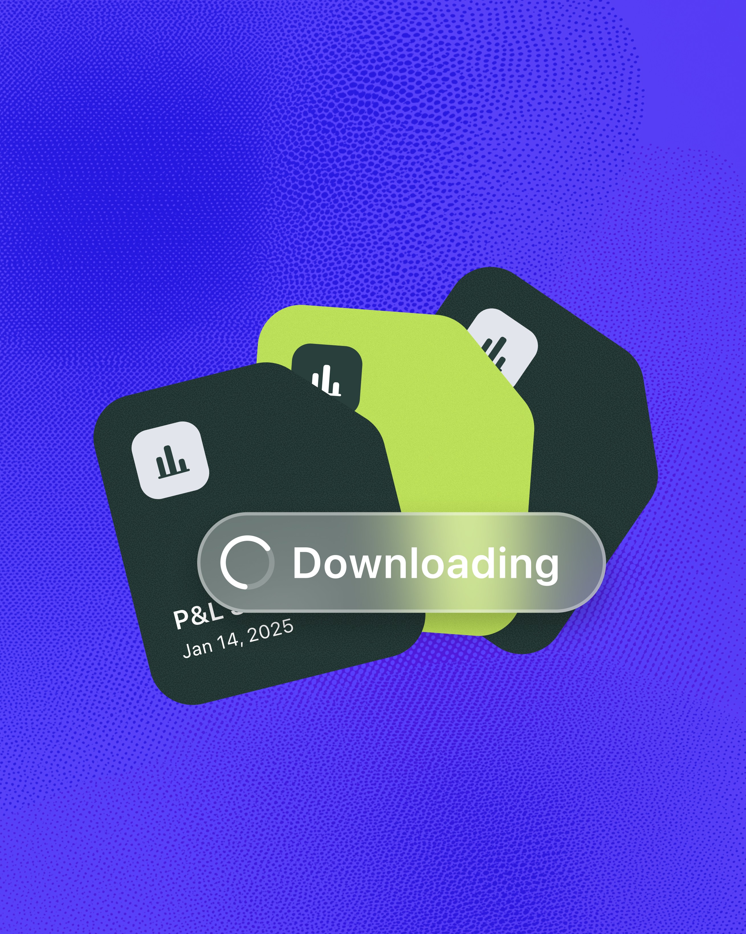 Two report cards showing a P&L report downloading with a green Downloading status badge in the August app