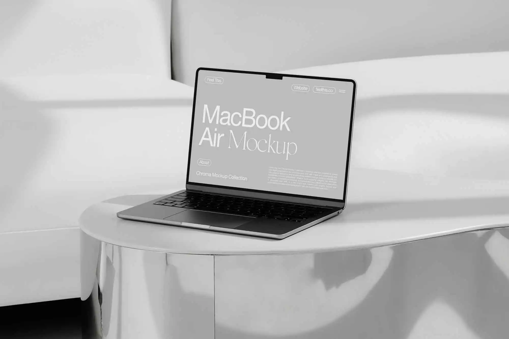 MacBook Air mockup displayed on a sleek, reflective table in a minimalist white setting. The modern design and clean lines highlight the laptop's thin profile and sophisticated aesthetic.