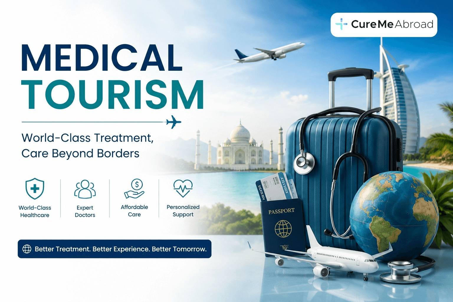 CureMeAbroad medical tourism graphic featuring luggage, stethoscope, passport, globe, airplanes, and international landmarks.