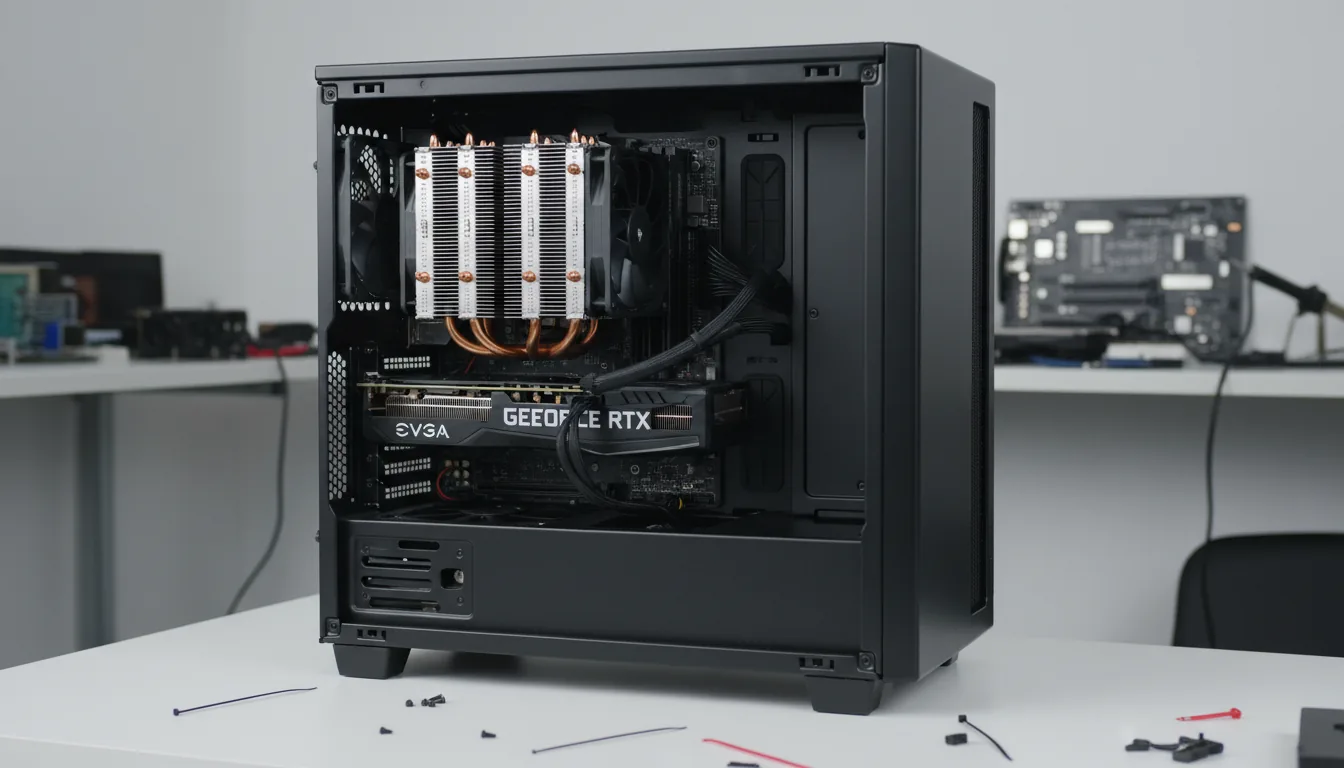 DSLR photograph of a custom PC build in progress, set on a white workbench. An open-sided matte black mid-tower ATX computer case is angled to show the interior components. A black EVGA GeForce RTX 2070 graphics card is installed horizontally, with a large, silver air-finned CPU cooler with copper heat pipes visible above it. The scene is in a workshop setting, with loose screws, cables, and spare parts scattered in the foreground and background. The image is captured with soft studio lighting, highlighting the metal and plastic textures of the hardware, with a shallow depth of field focusing sharply on the internal components.