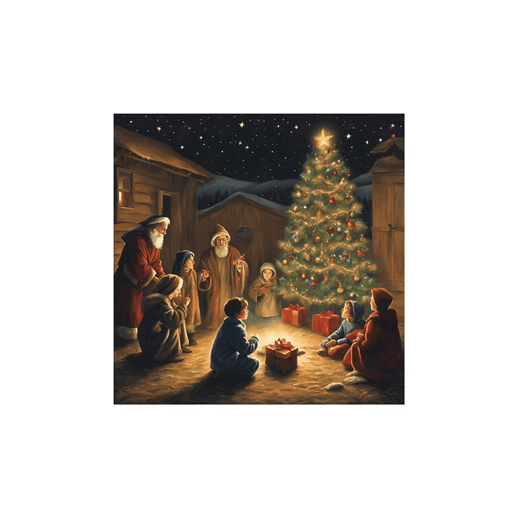 Weihnachtliche Szene: Kinder am Weihnachtsbaum mit Geschenken und Weihnachtsmann unter Sternenhimmel. Festliche Stimmung.