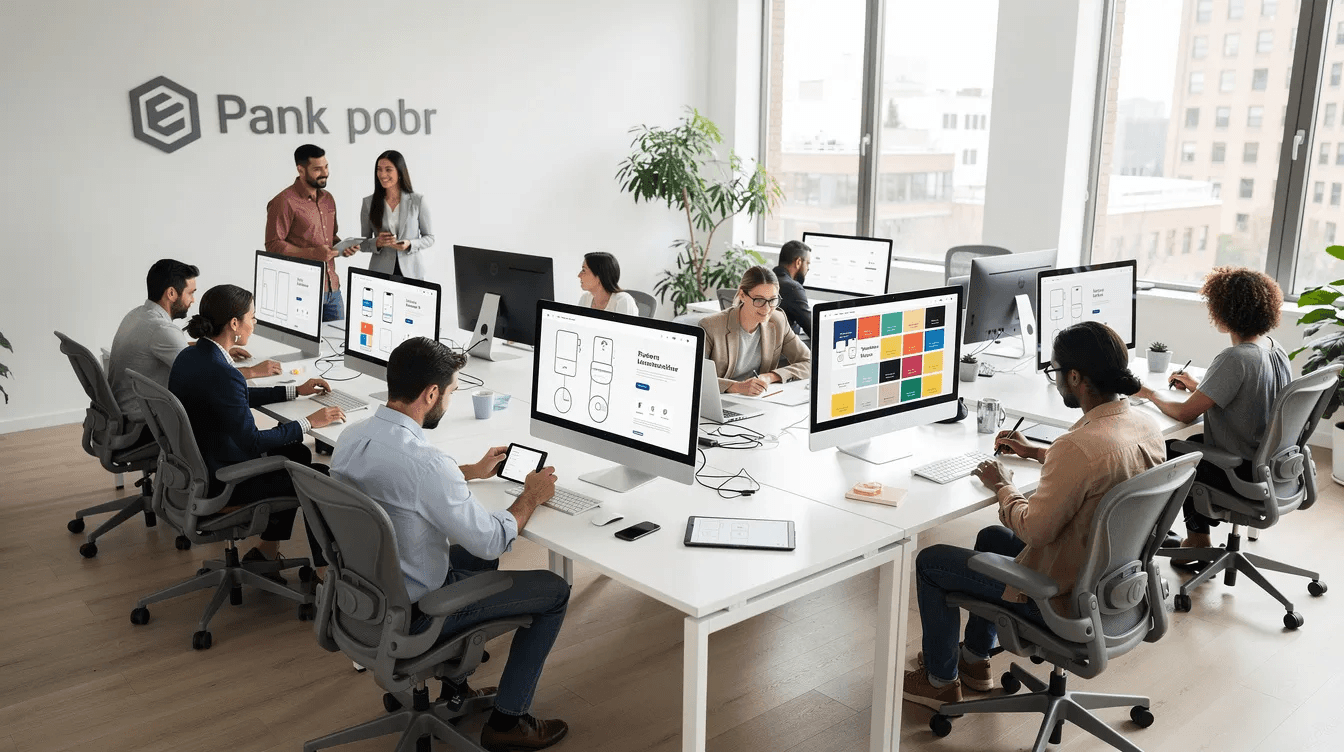 The image depicts a modern open plan office filled with designers collaborating at large screens, showcasing vibrant website layouts and color palettes, reflecting the creative solutions of a leading web design agency. The workspace emphasizes innovation and teamwork, essential for delivering high-performance digital experiences and web design services.