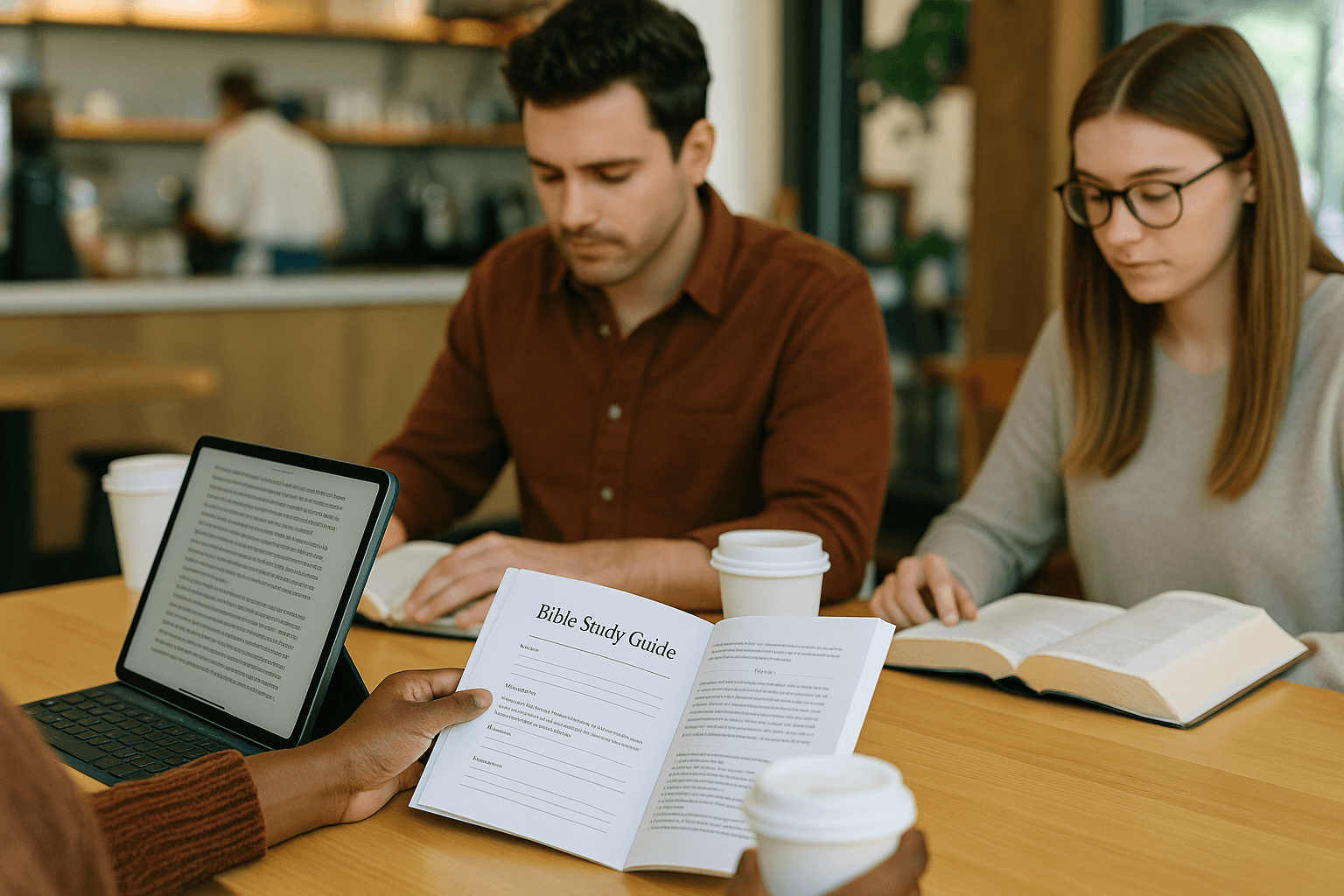 The image features two young people studying at a cafe