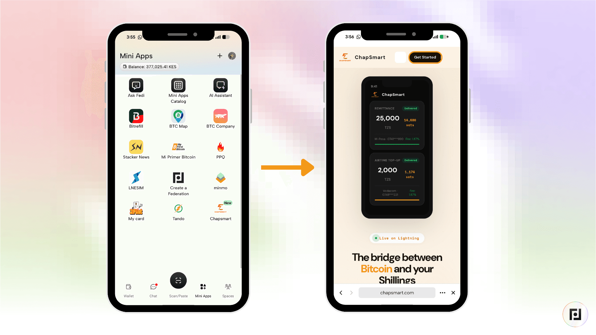 Fedi app Mini Apps screen showing ChapSmart icon, and the ChapSmart home screen displaying bitcoin-to-M-Pesa and airtime top-up exchange rates