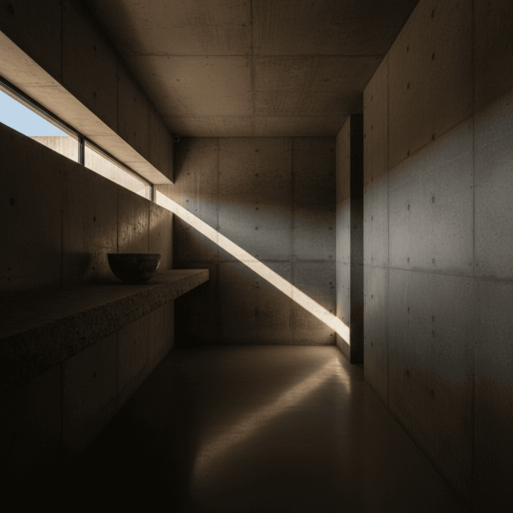 A dimly lit room with a dark ceiling and tiled walls.